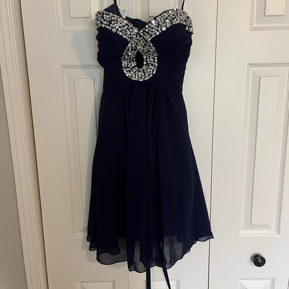 Semi formal / formal Navy dress with silver sequence, size 2, strapless